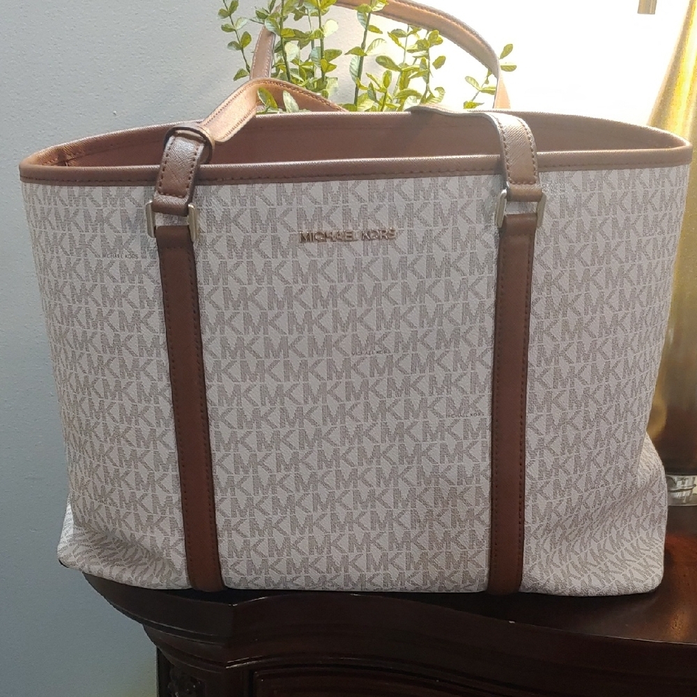 Michael Kors Brown and Cream Tote Bag with Monogram Print